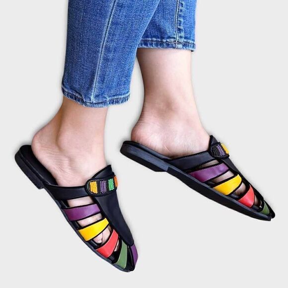 New Farm Rio Colorfully Beaded Black Sandals Mules Size US7/EU38 - Picture 2 of 8